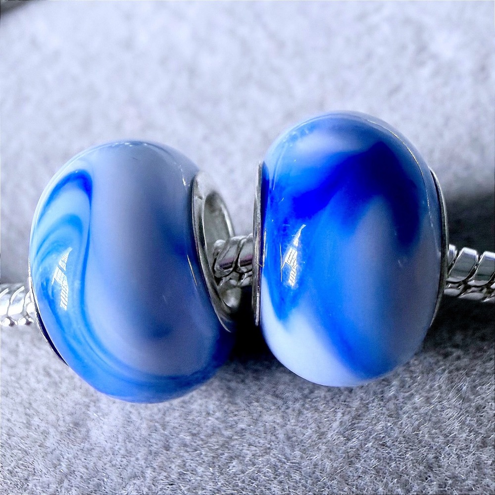 2PCs Blue White Swirl Glass Charm Bead fits PANDORA
